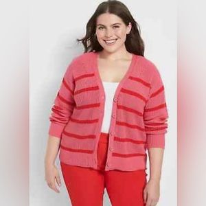 LANE BRYANT SIZE 18/20 **Classic Button-Front Cropped Cardigan Stripe** PINK/RED
